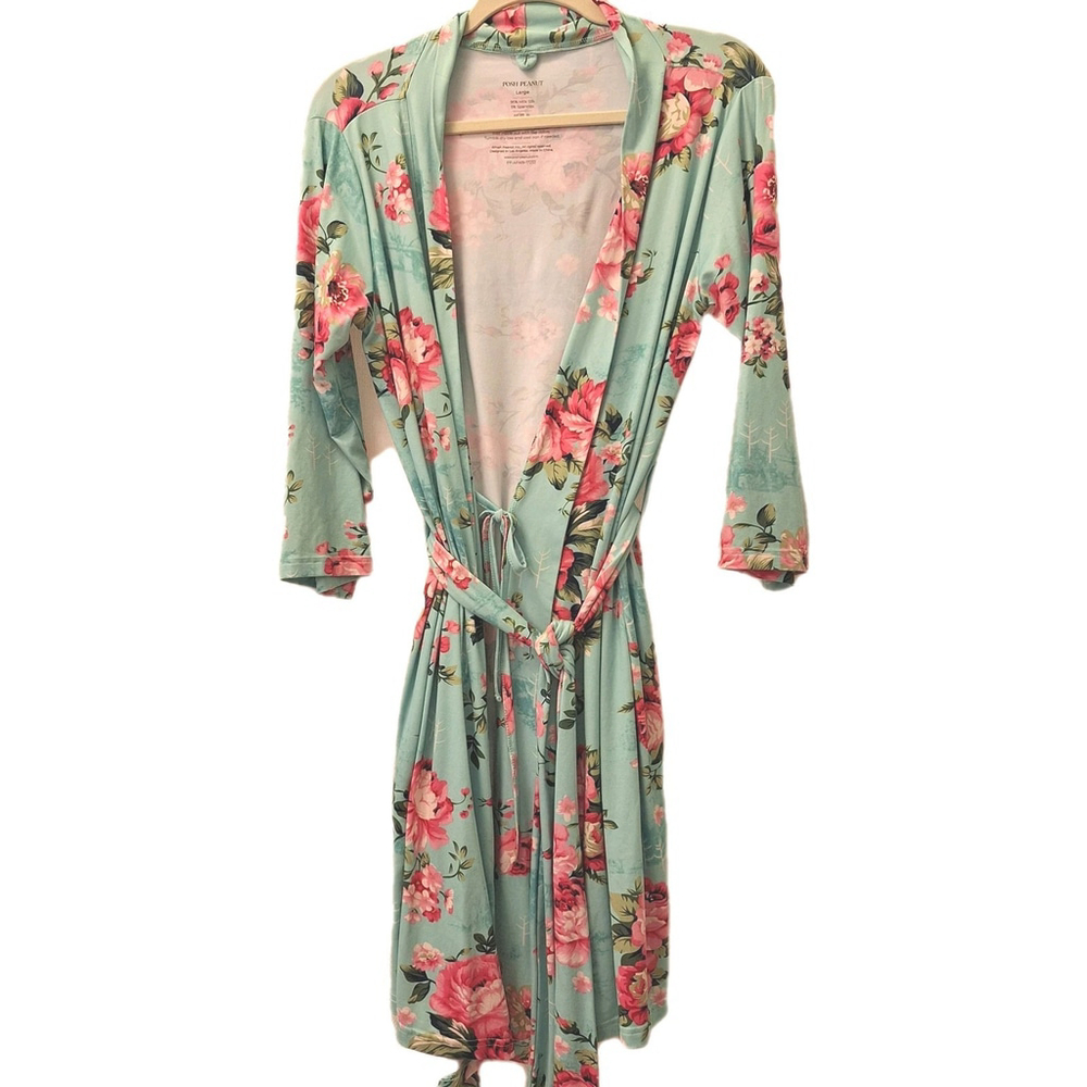 Posh Peanut Mint Floral Rose Robe Maternity Gown Womens Sz LARGE Milk Silk NWOT